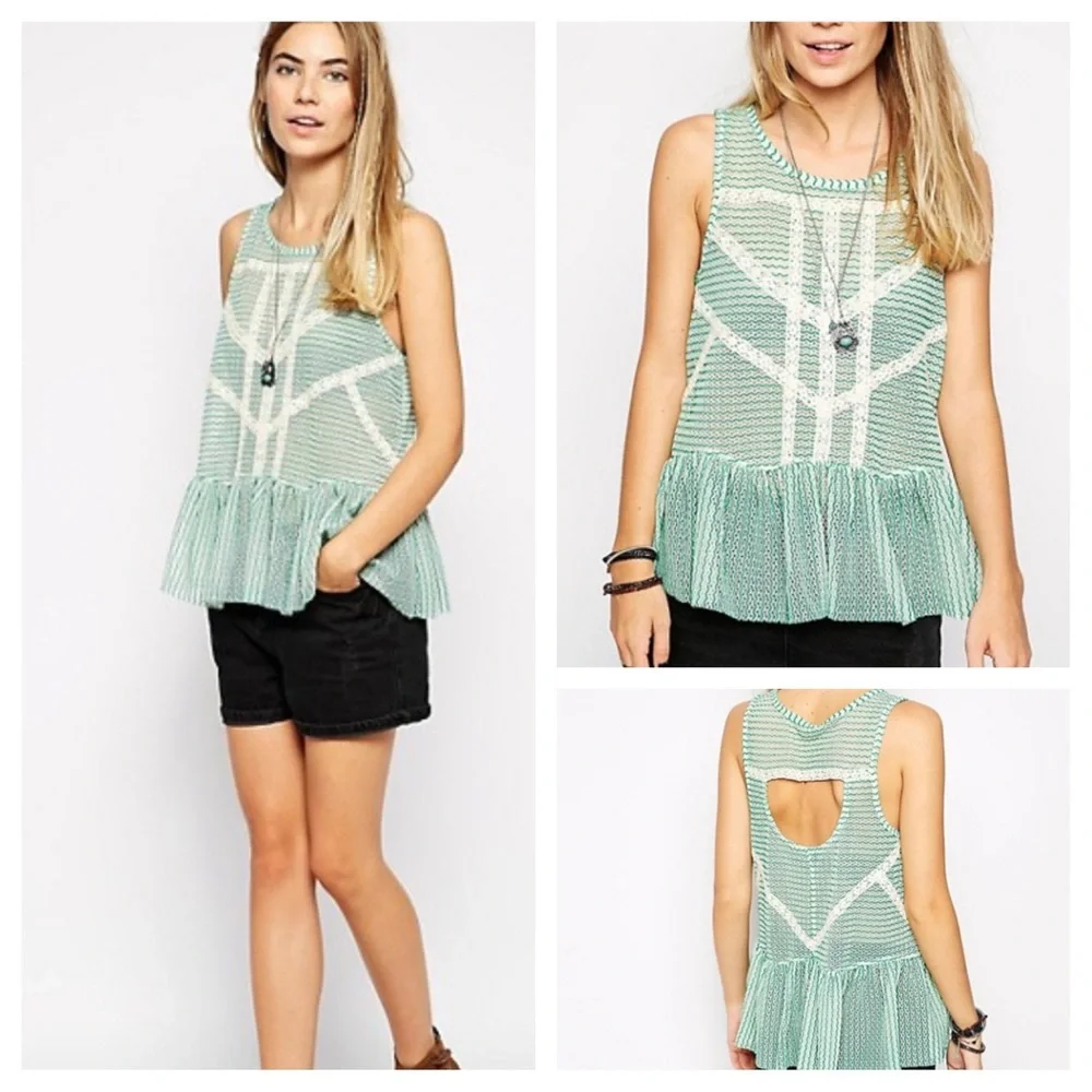 Free People Green Lace Crochet Stripe Peplum Top